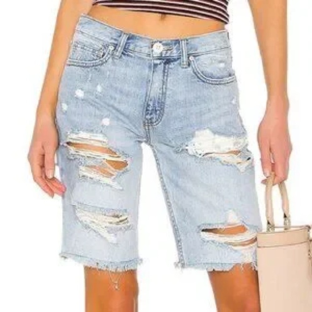 We The Free Free People Caroline Distressed Bermuda Jean Shorts Light Wash 26
